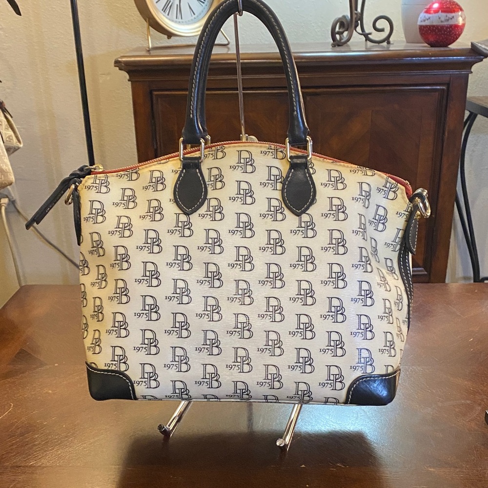 Dooney & Bourke Cream and Black Logo Dome Satchel